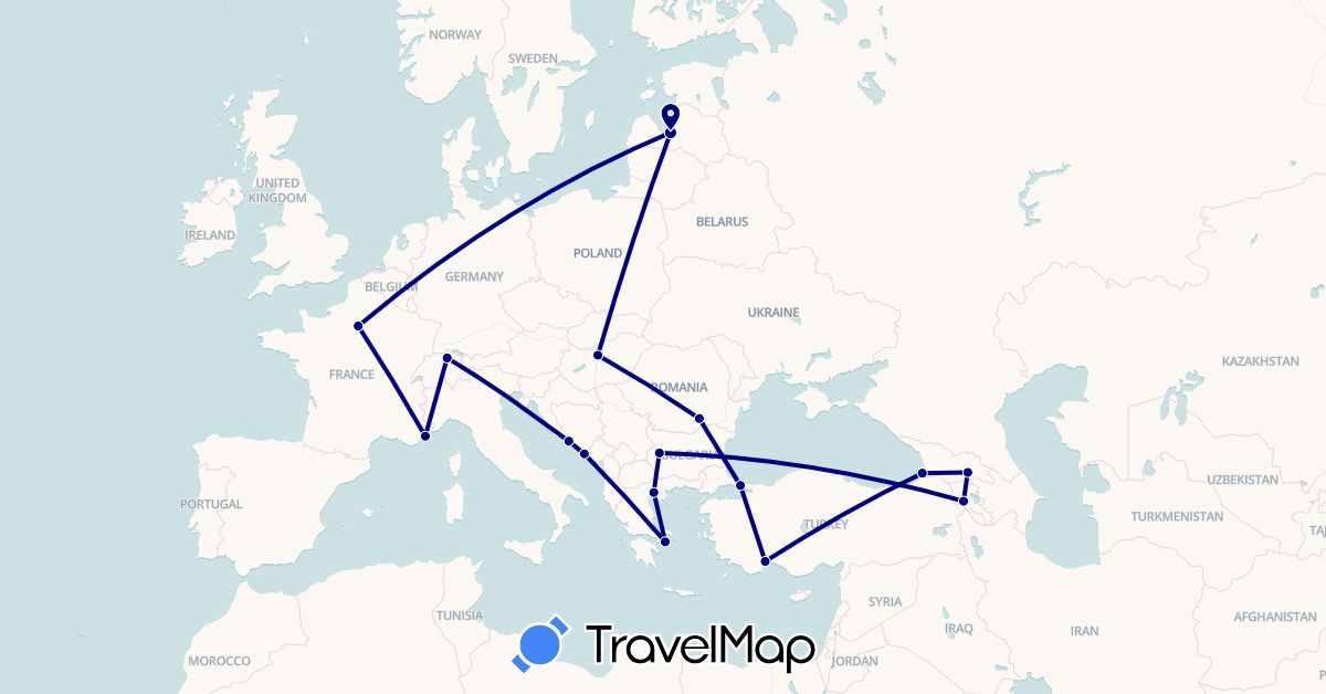 TravelMap itinerary: driving in Armenia, Bulgaria, Switzerland, France, Georgia, Greece, Croatia, Hungary, Latvia, Romania, Turkey (Asia, Europe)